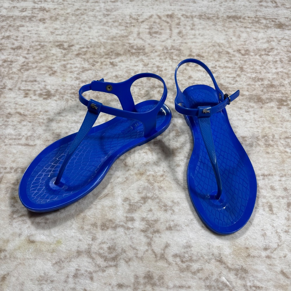 Lacoste Jelly Sandals Womens Size 7 Blue Excellent T-Strap Buckle Ankle Strap